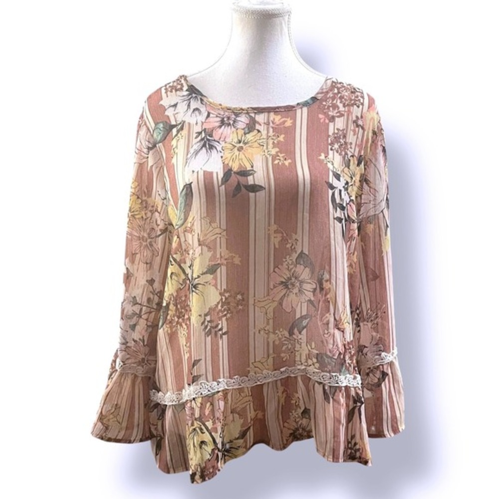 Melissa Paige Floral Blouse Sheer Striped Ruffle‎ Hem Bohemian Boho Chic Large